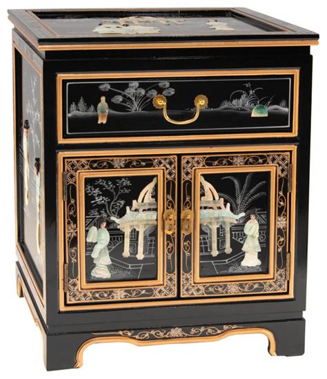 black laquer box and metal stand end table|lacquer end table.